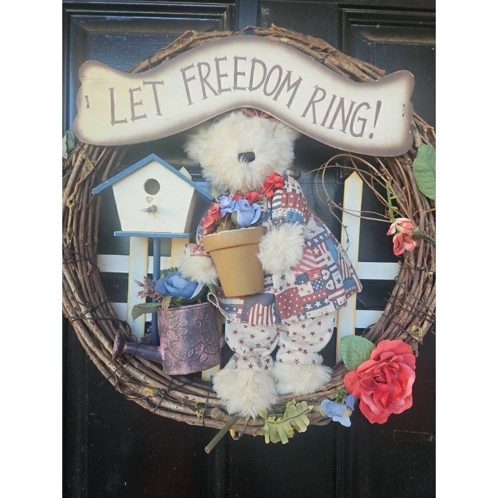 Patriotic "Let Freedom Ring" Bear Plush Front Door Wreath